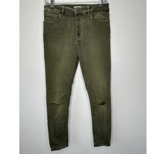 Zara Women Olive Green Button Fly Distressed Knee Skinny Jean High Waist 10